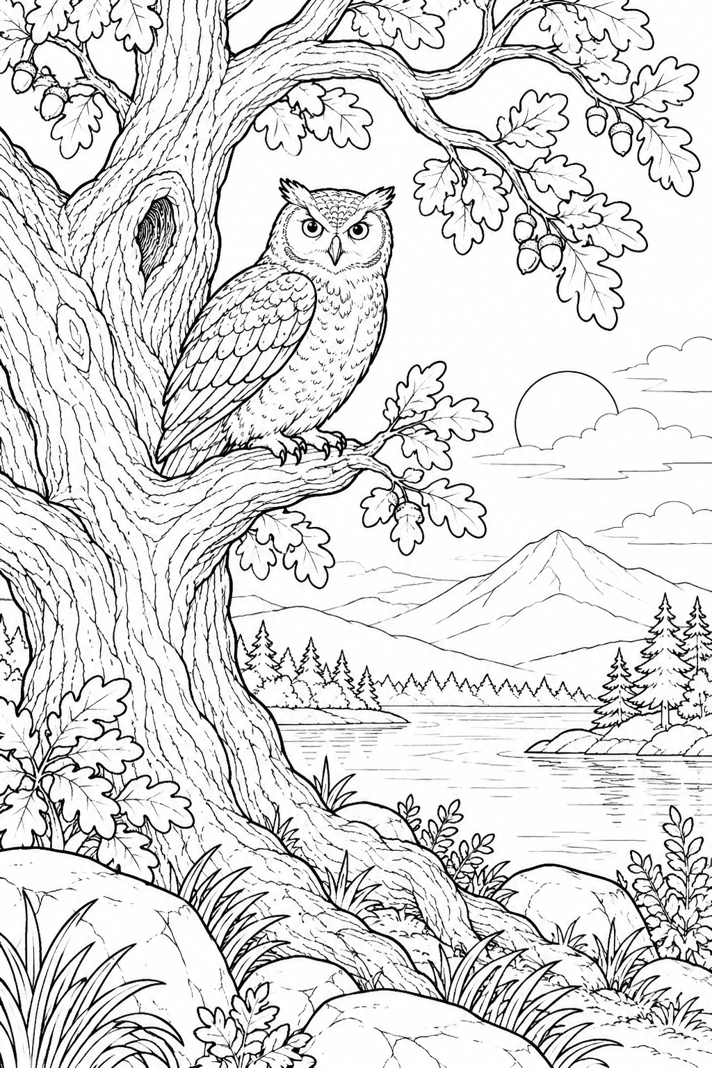 自然のひとこま:フクロウと古いオークの塗り絵