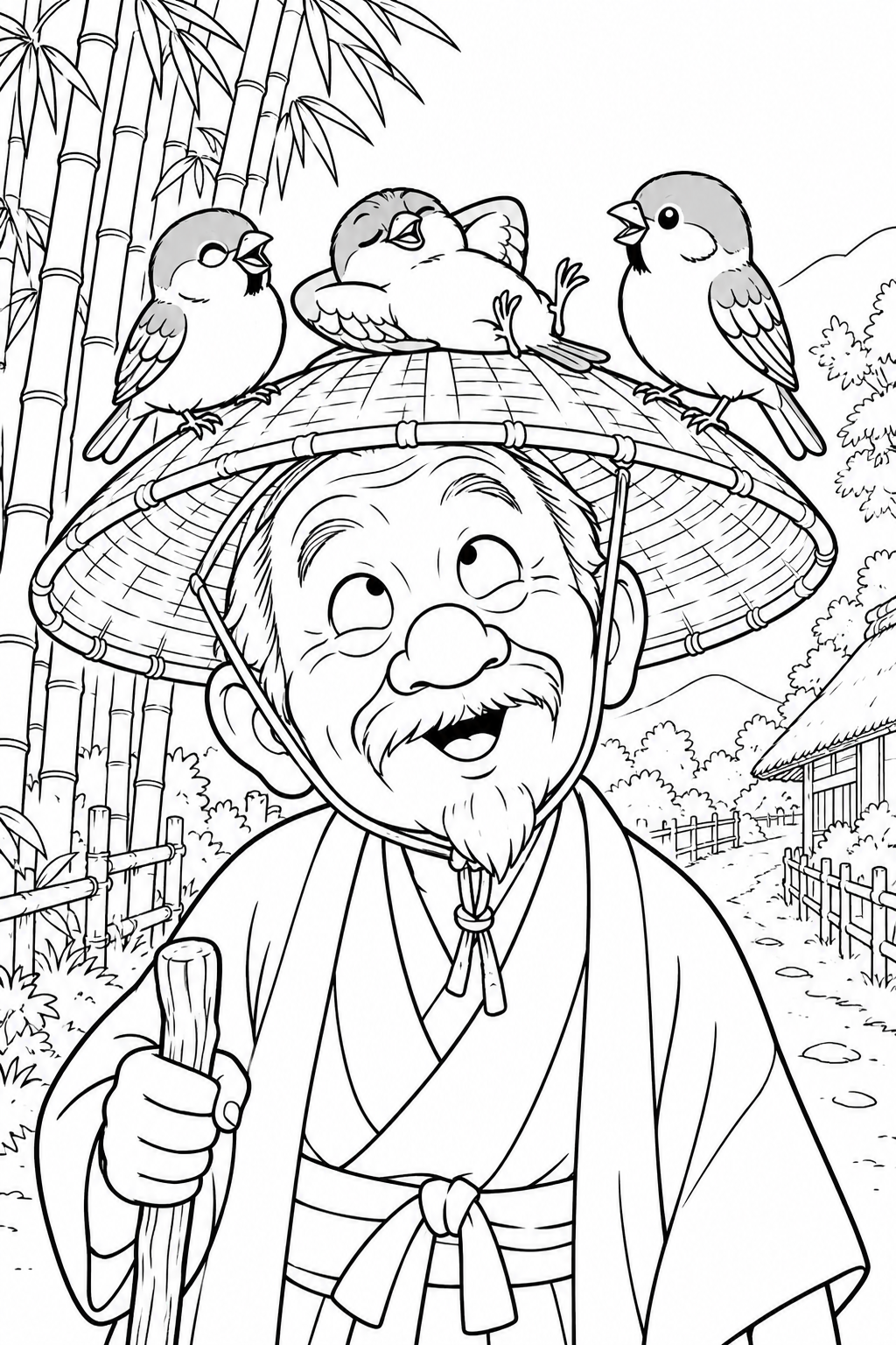したきりすずめ:おじいさんの笠が特等席の塗り絵
