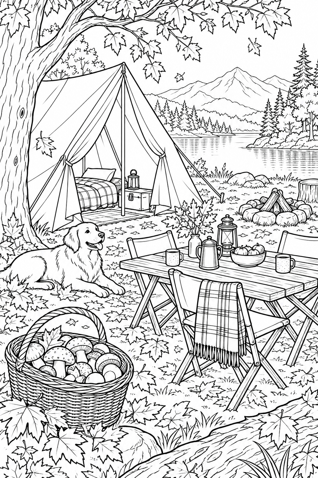 Coloriage Campement en forêt — automne