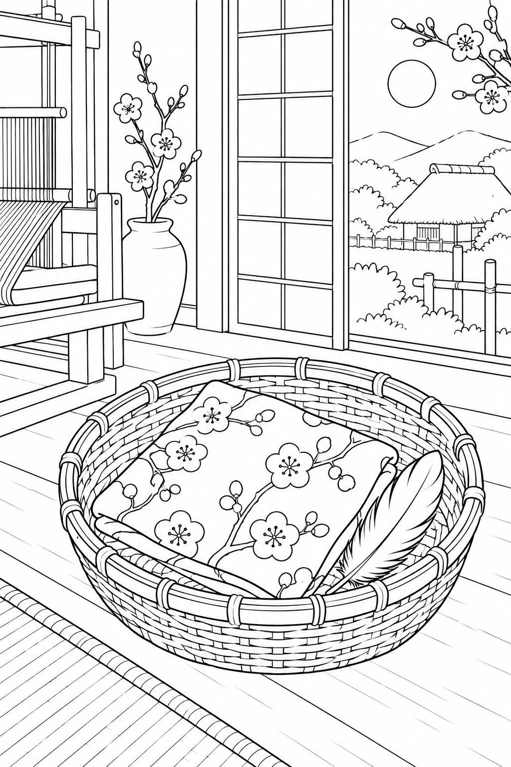 Dibujo de La grulla agradecida:Tela y una pluma en la cesta matinal para colorear