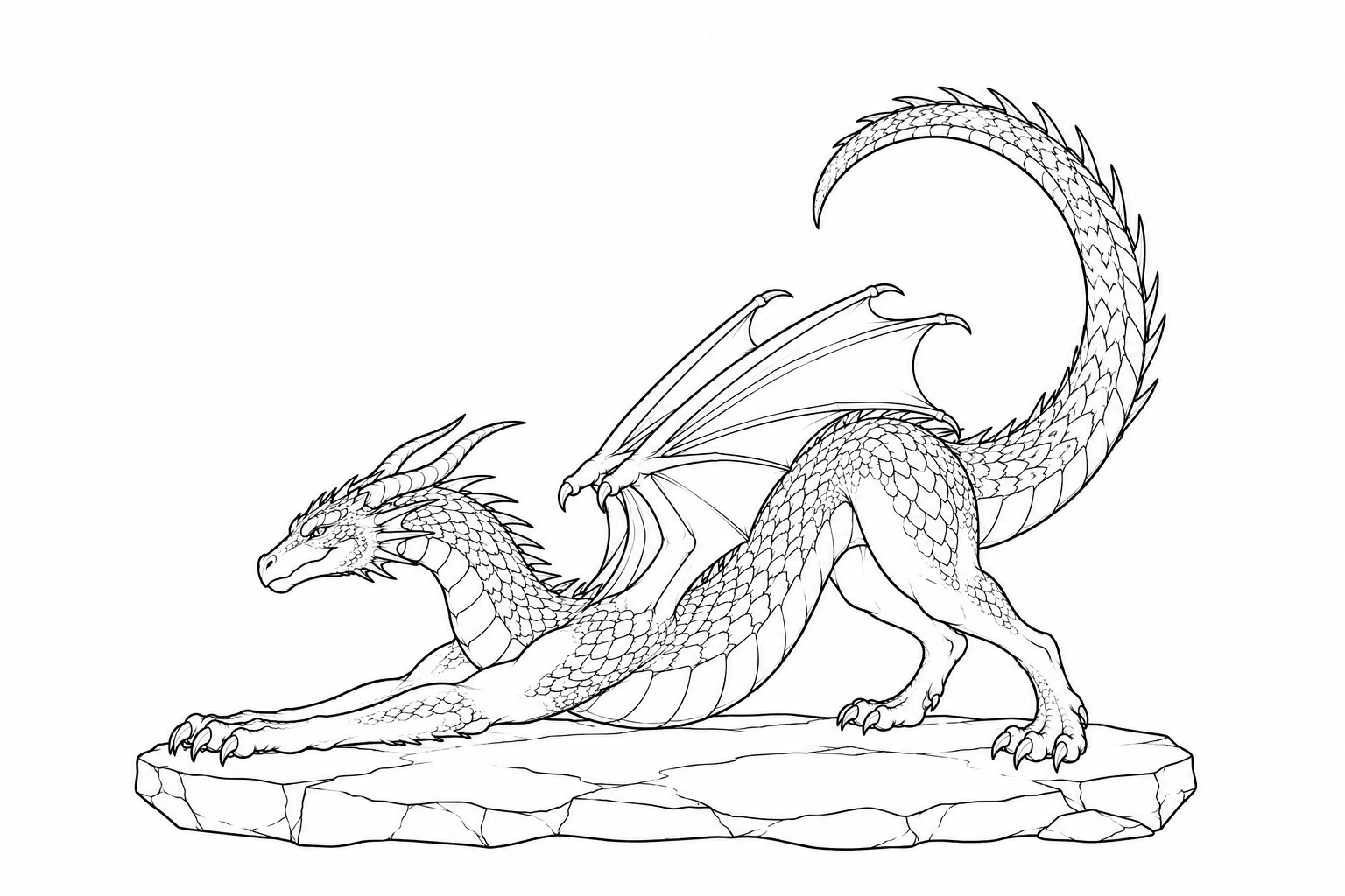 Desenho de Dragão se espreguiçando nas rochas para colorir