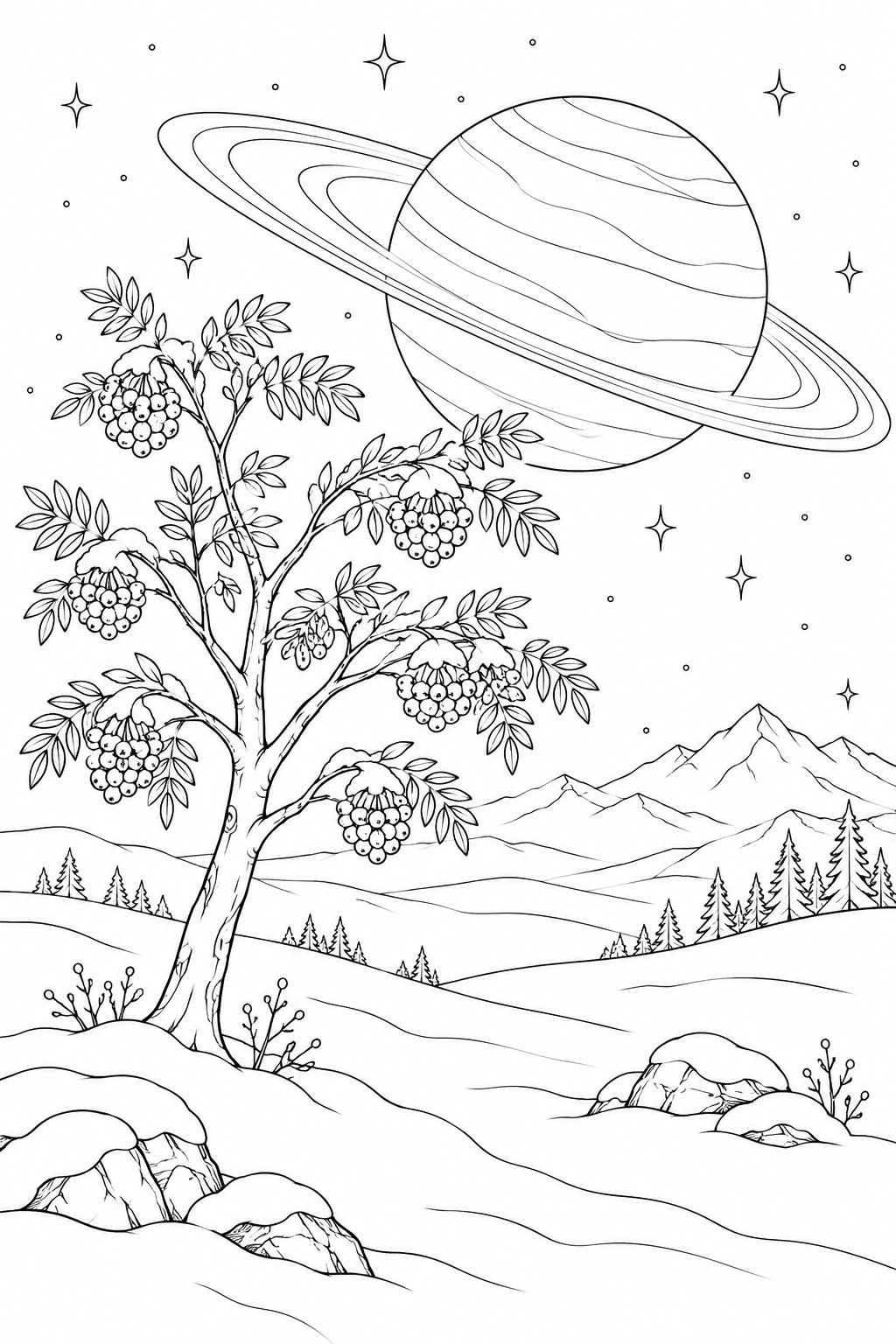 雪原のナナカマドと環のある惑星の塗り絵