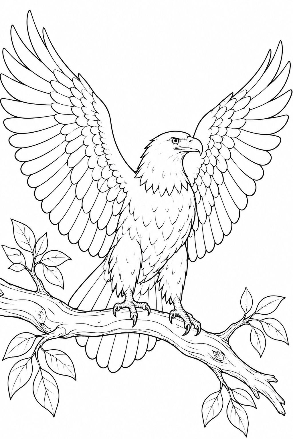 木の枝で翼を広げるワシの塗り絵