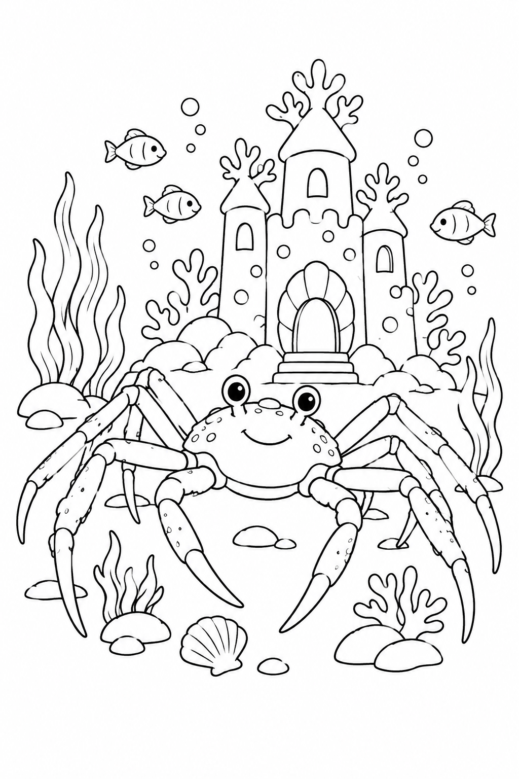 Desenho de O caranguejo-aranha-japonês e o castelo de coral para colorir