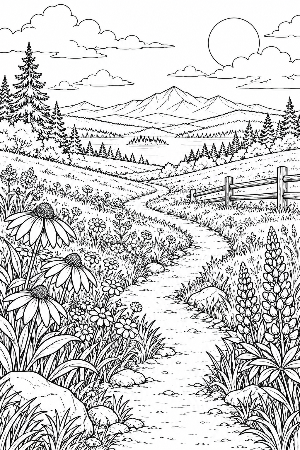 自然のひとこま:野の花が並ぶ草原の道の塗り絵