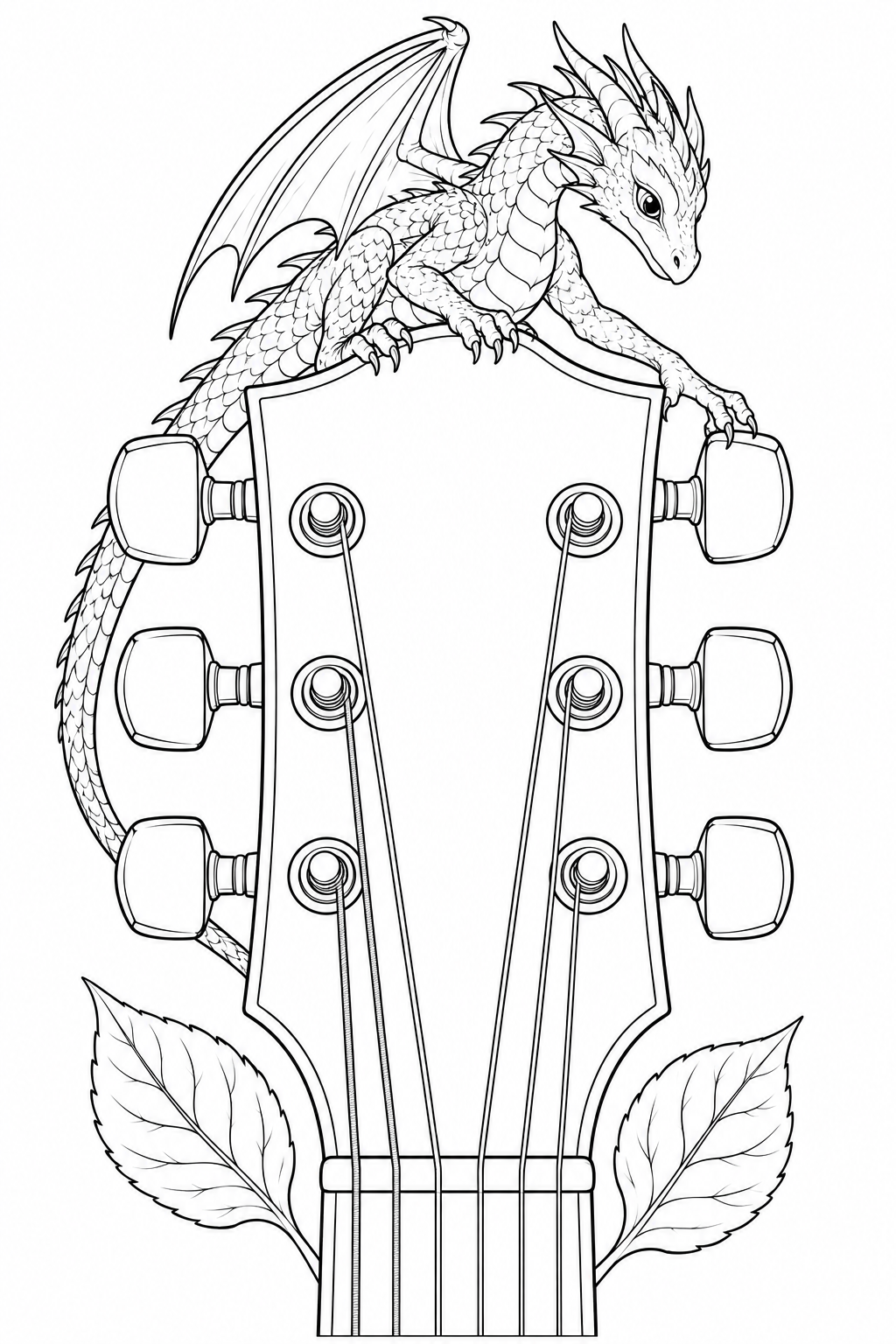 Desenho de Dragão brincando com tarraxas de violão para colorir