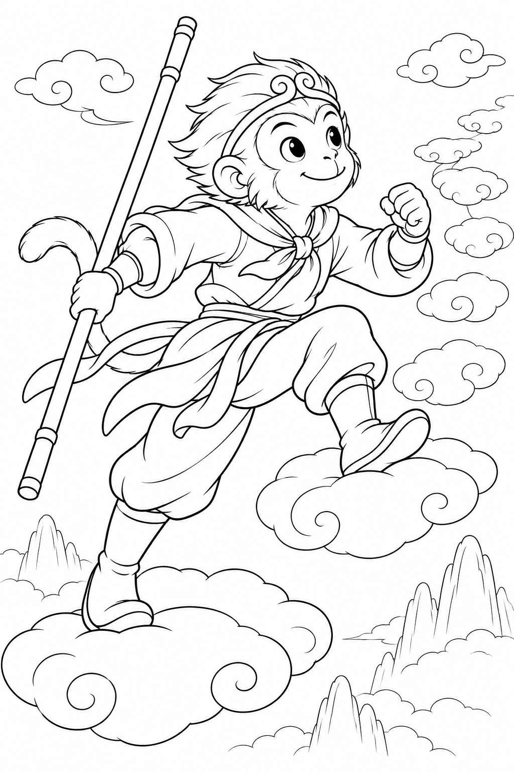 Dibujo de Viaje al Oeste acogedor：Wukong y la escalera de nubes para colorear