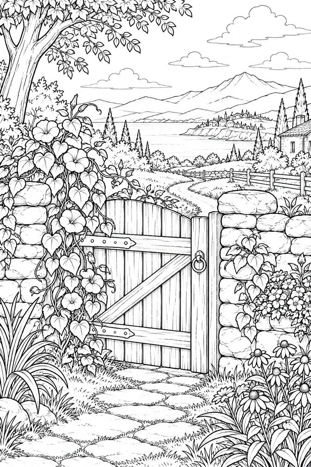 自然のひとこま：つる植物の絡む木の門の塗り絵