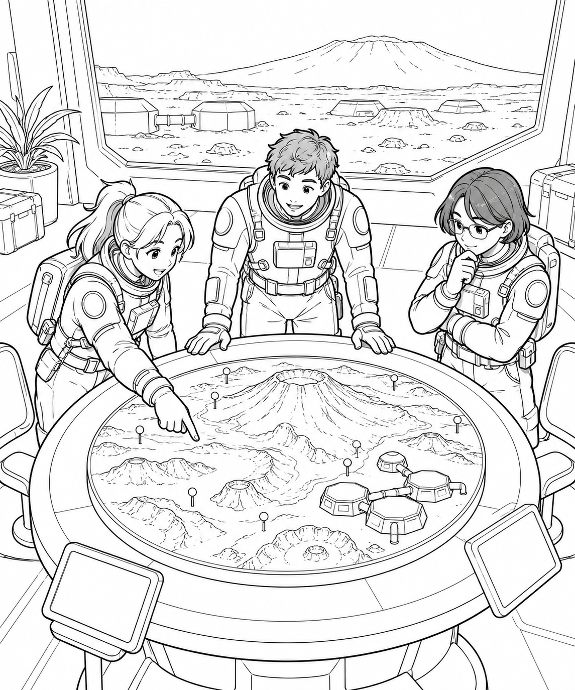 火星の火山平原基地:地形模型と作戦会議の塗り絵
