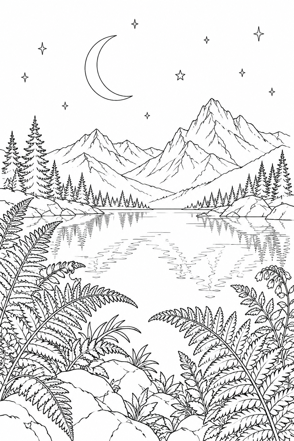 高山湖とシダと三日月の塗り絵