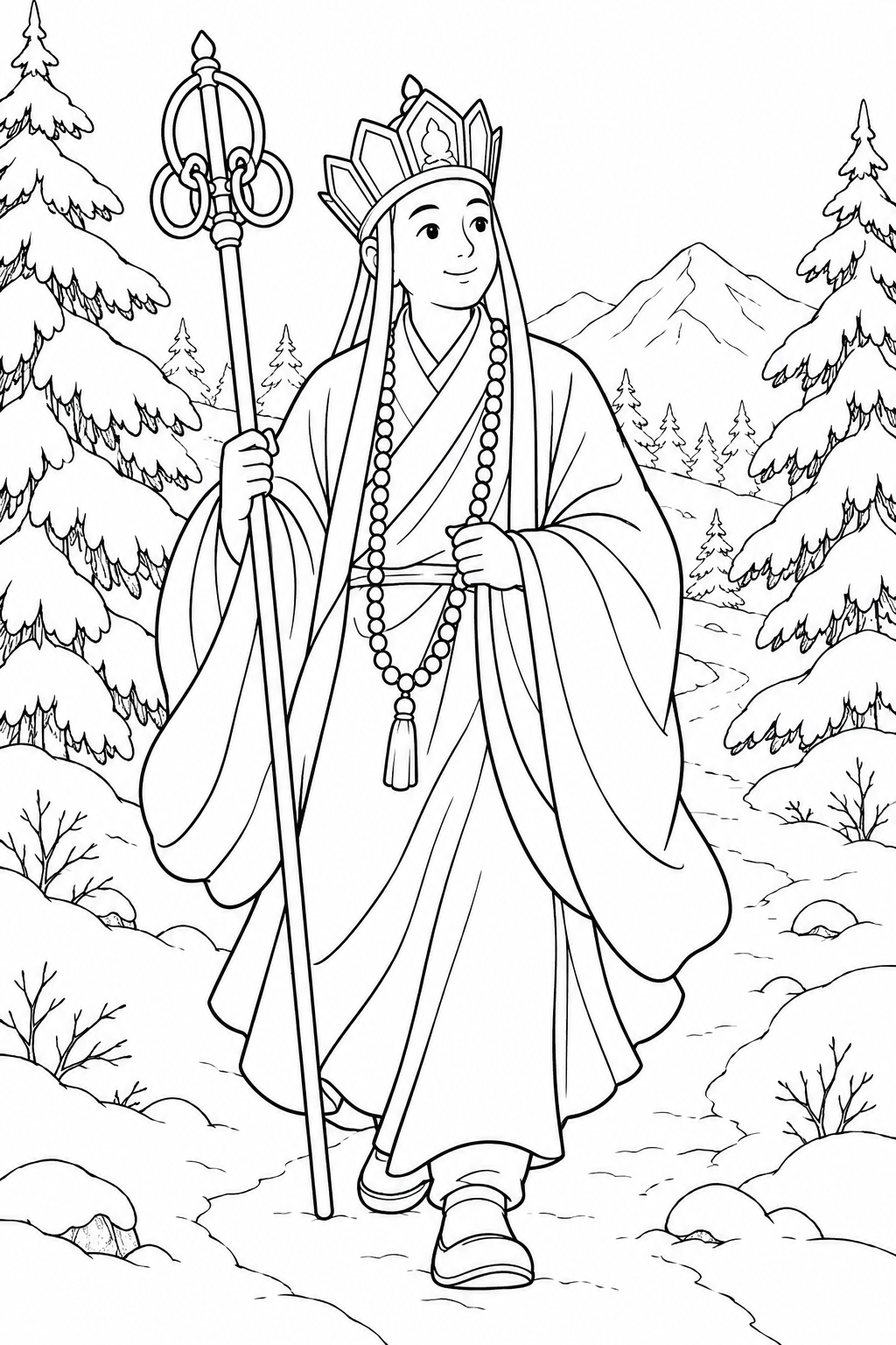 ほっこり西遊記:三蔵と雪の道の塗り絵