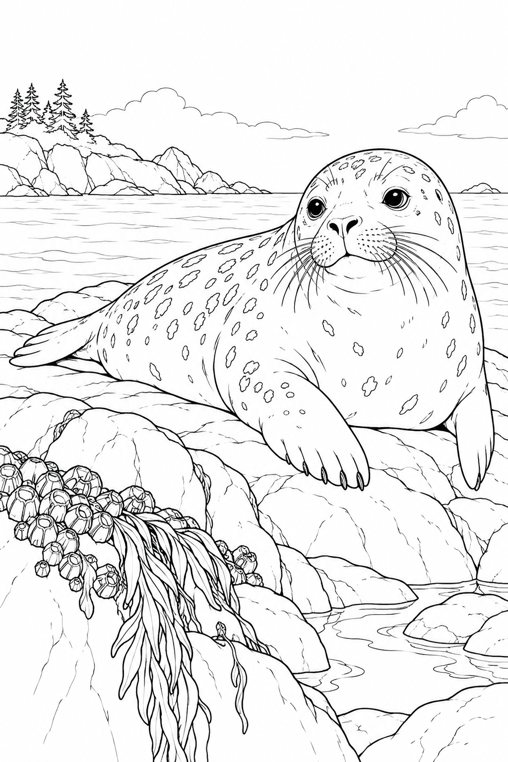 Dibujo de Estudio de naturaleza: Foca y rocas costeras para colorear
