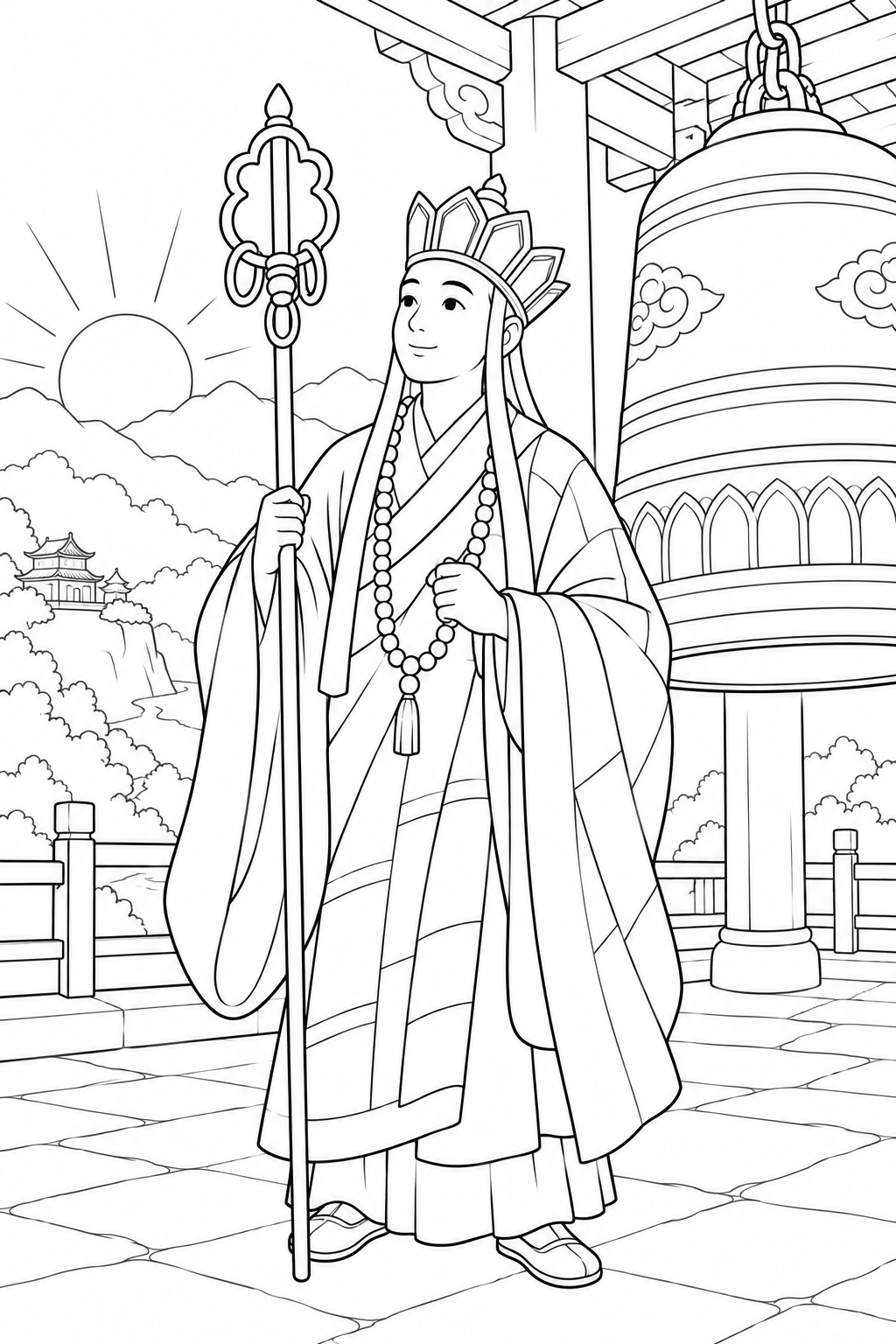 ほっこり西遊記:三蔵と朝の鐘の塗り絵