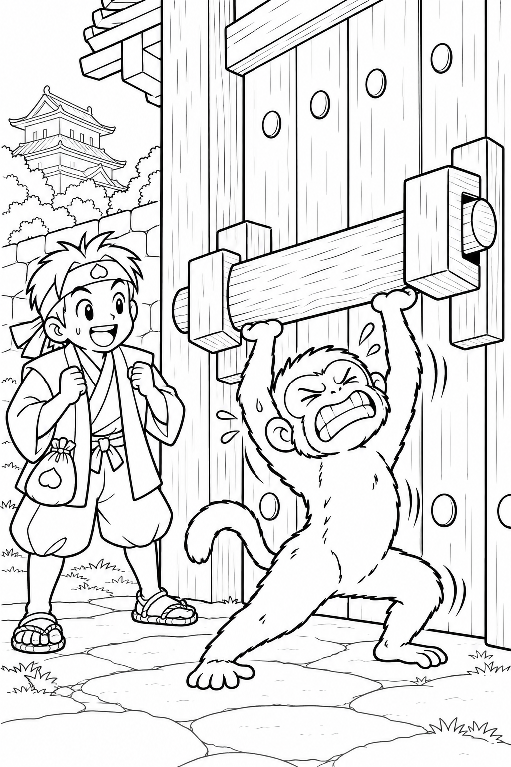 ギャグ桃太郎:猿の門開けと桃太郎の塗り絵