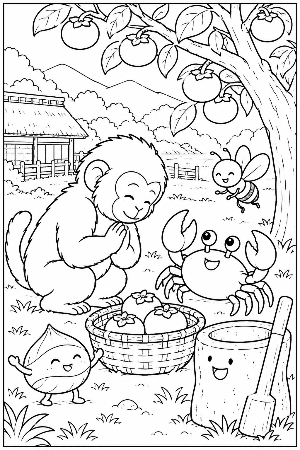 さるかに合戦 ほっこり：柿の木の下で仲直りの塗り絵