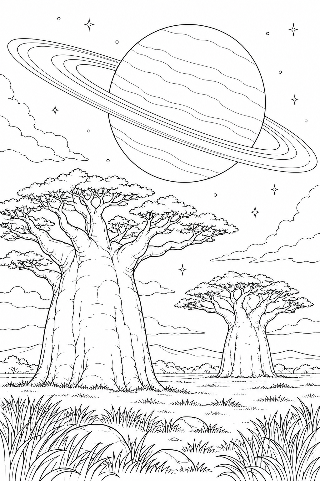 バオバブの平原と環のある惑星の塗り絵