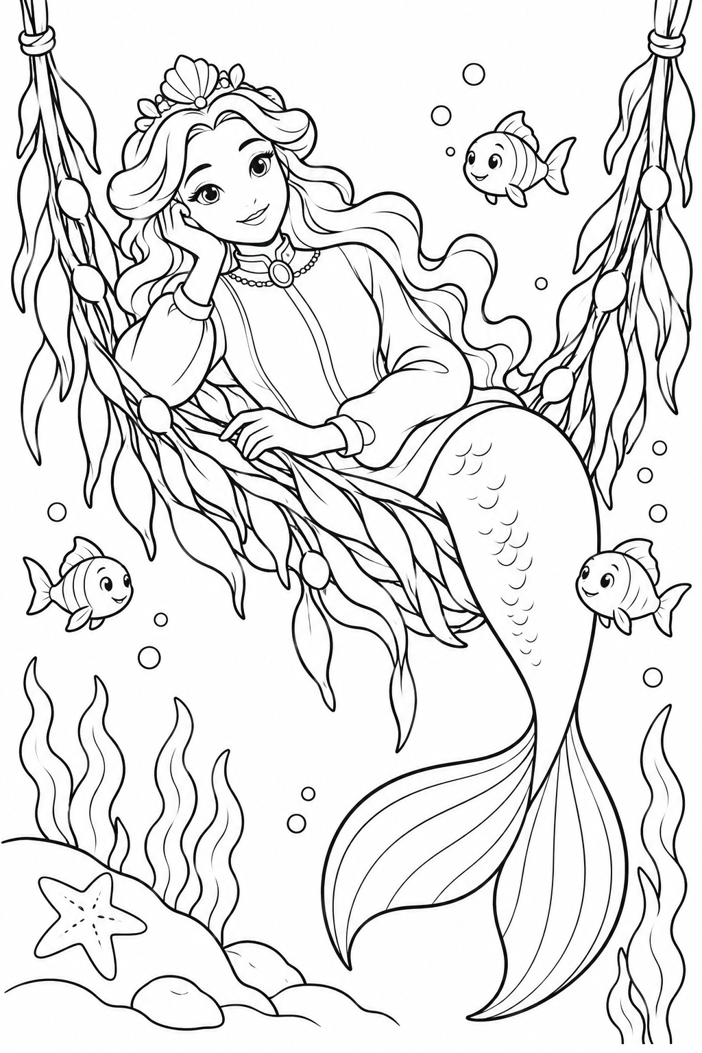 人魚姫：海藻ハンモックでひと休みの塗り絵