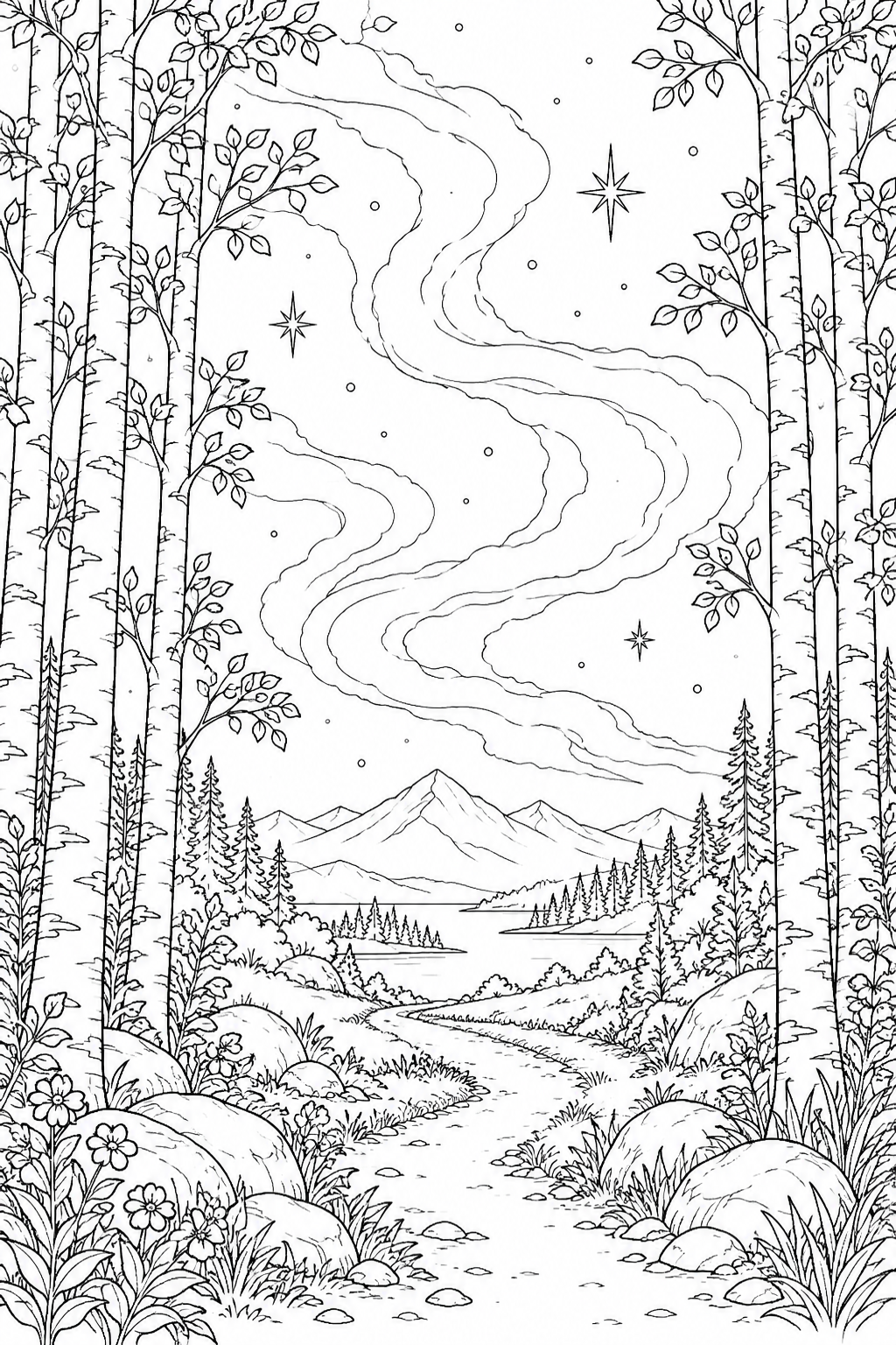 白樺林の小道と星雲のゆらめきの塗り絵