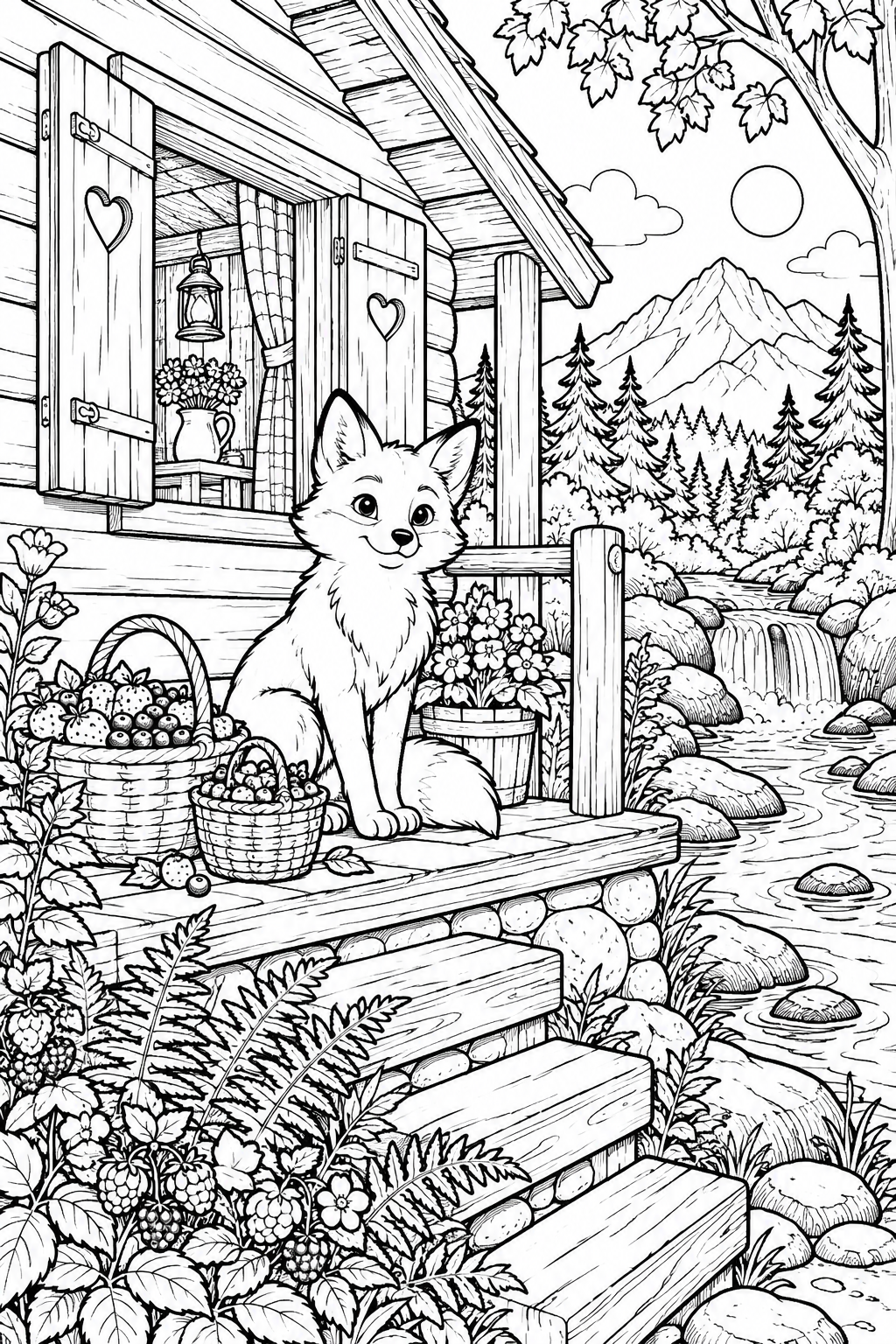 夏のきつねの森の家の塗り絵