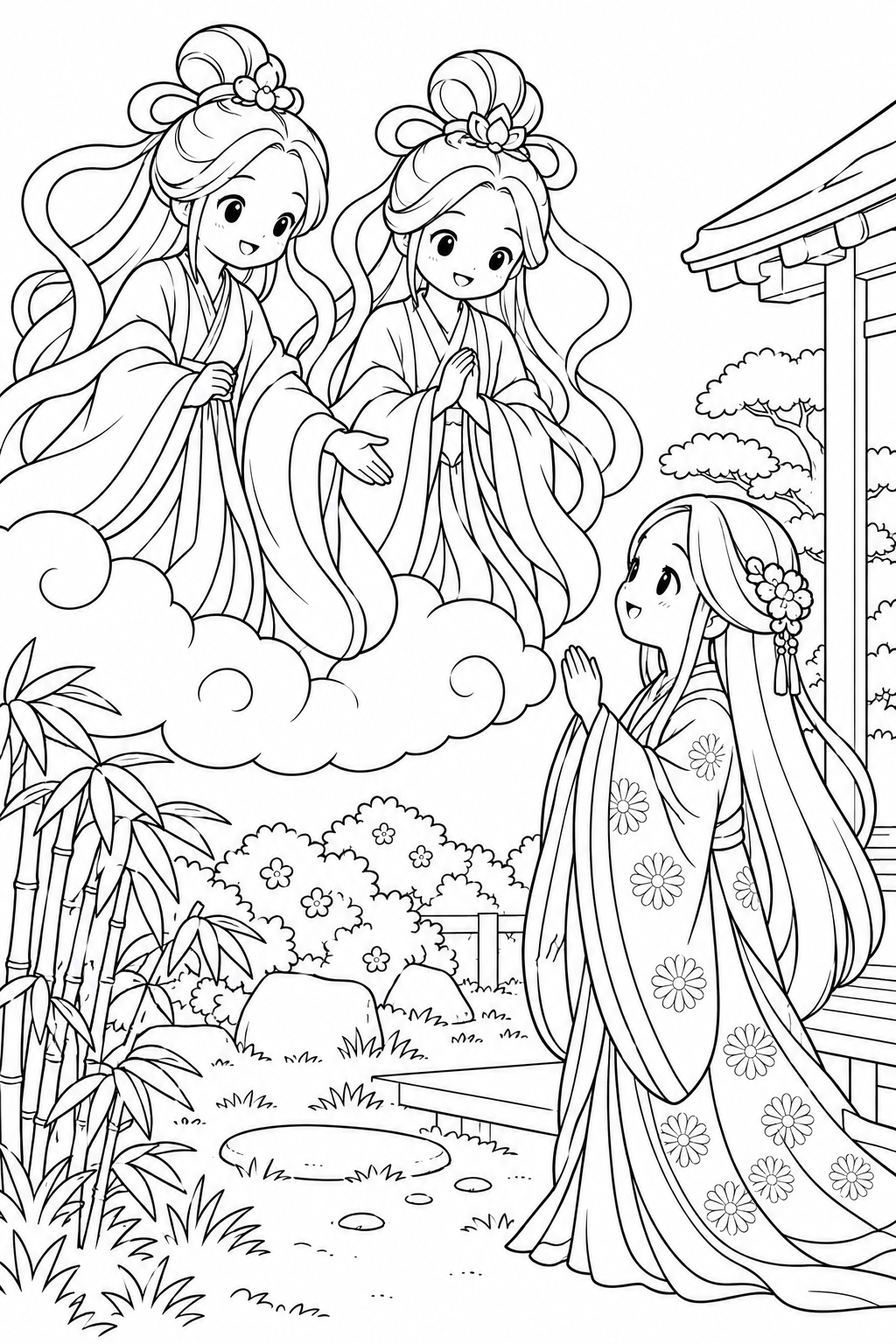 かぐや姫と雲のお迎えの塗り絵