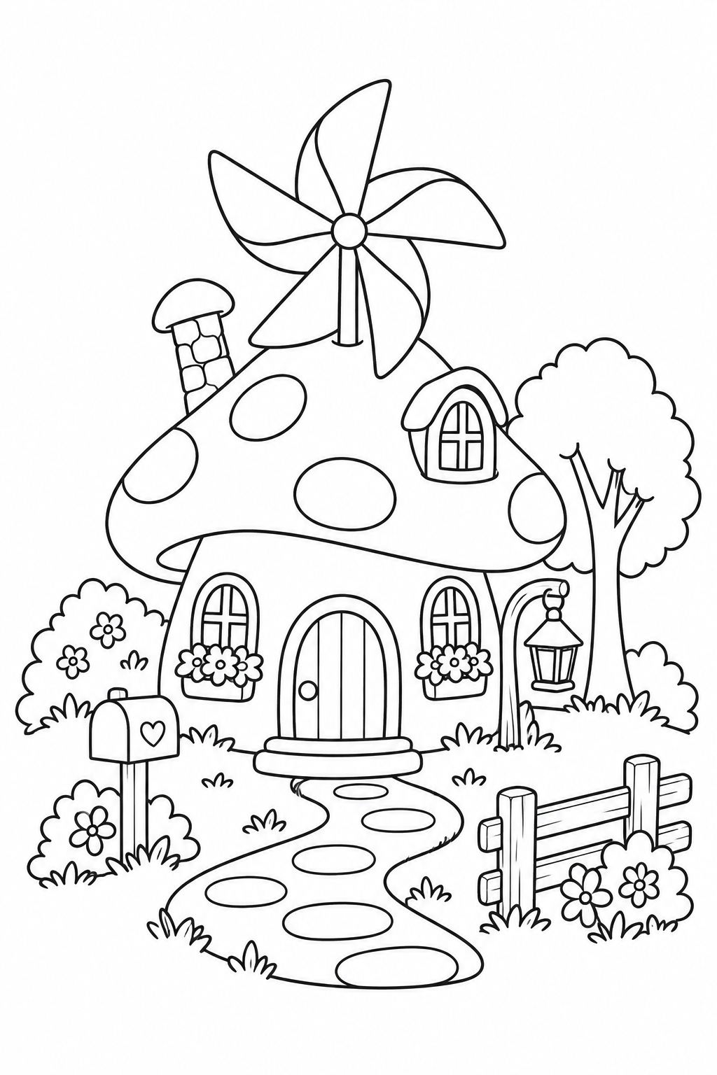 きのこのおうちの屋根の風車の塗り絵