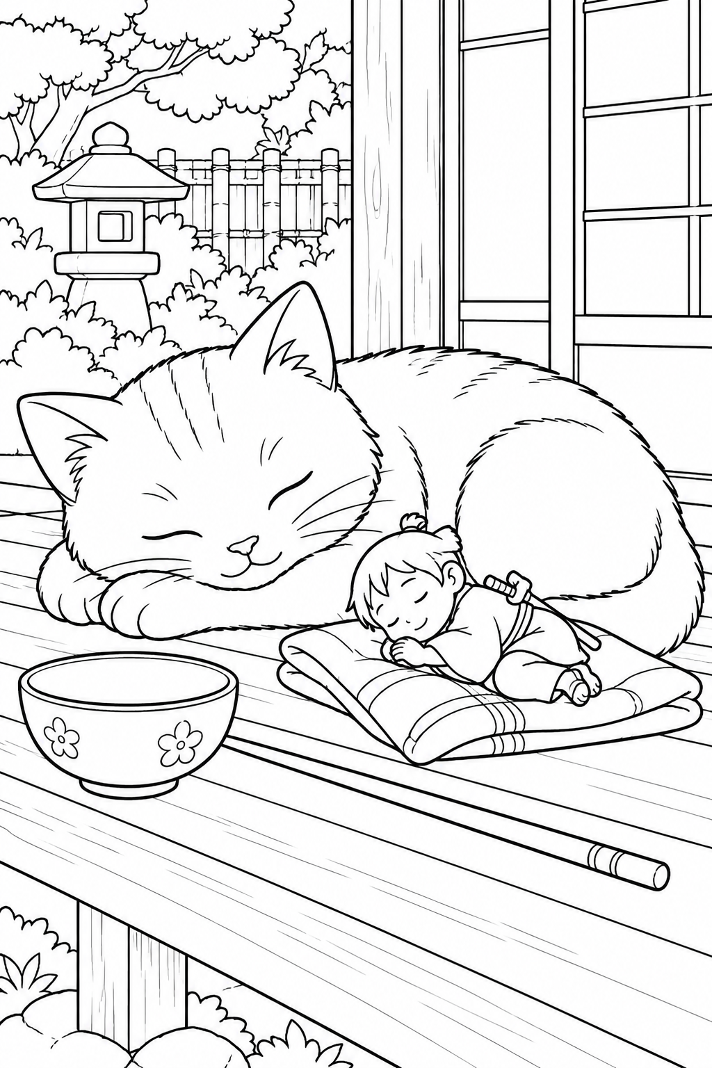 Dibujo de Issun-boshi — Siesta con un gatito en la galería para colorear
