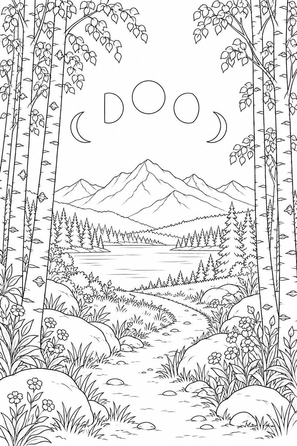 白樺林の小道と月の満ち欠けの塗り絵