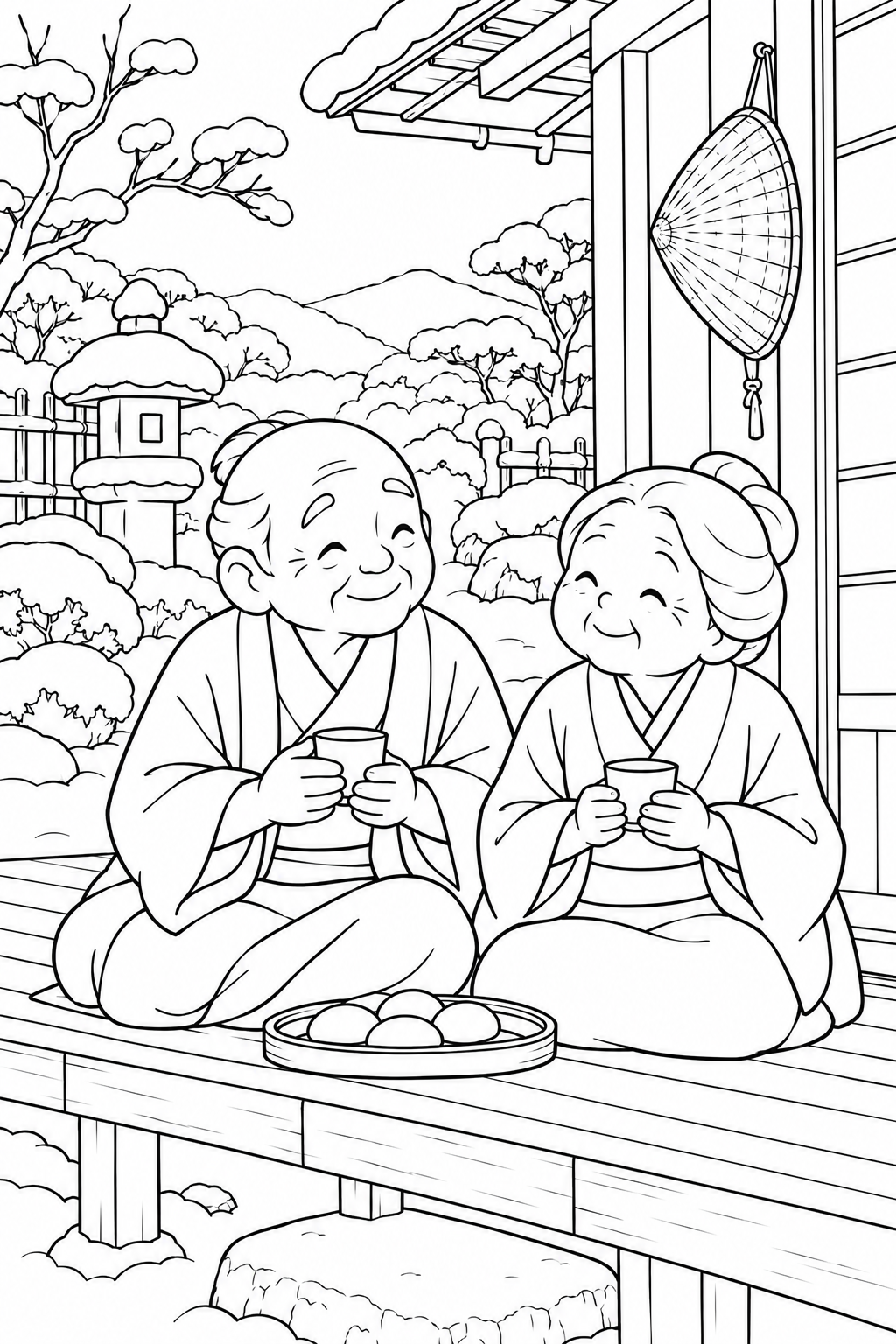 かさじぞう・縁側のほっとする朝の塗り絵