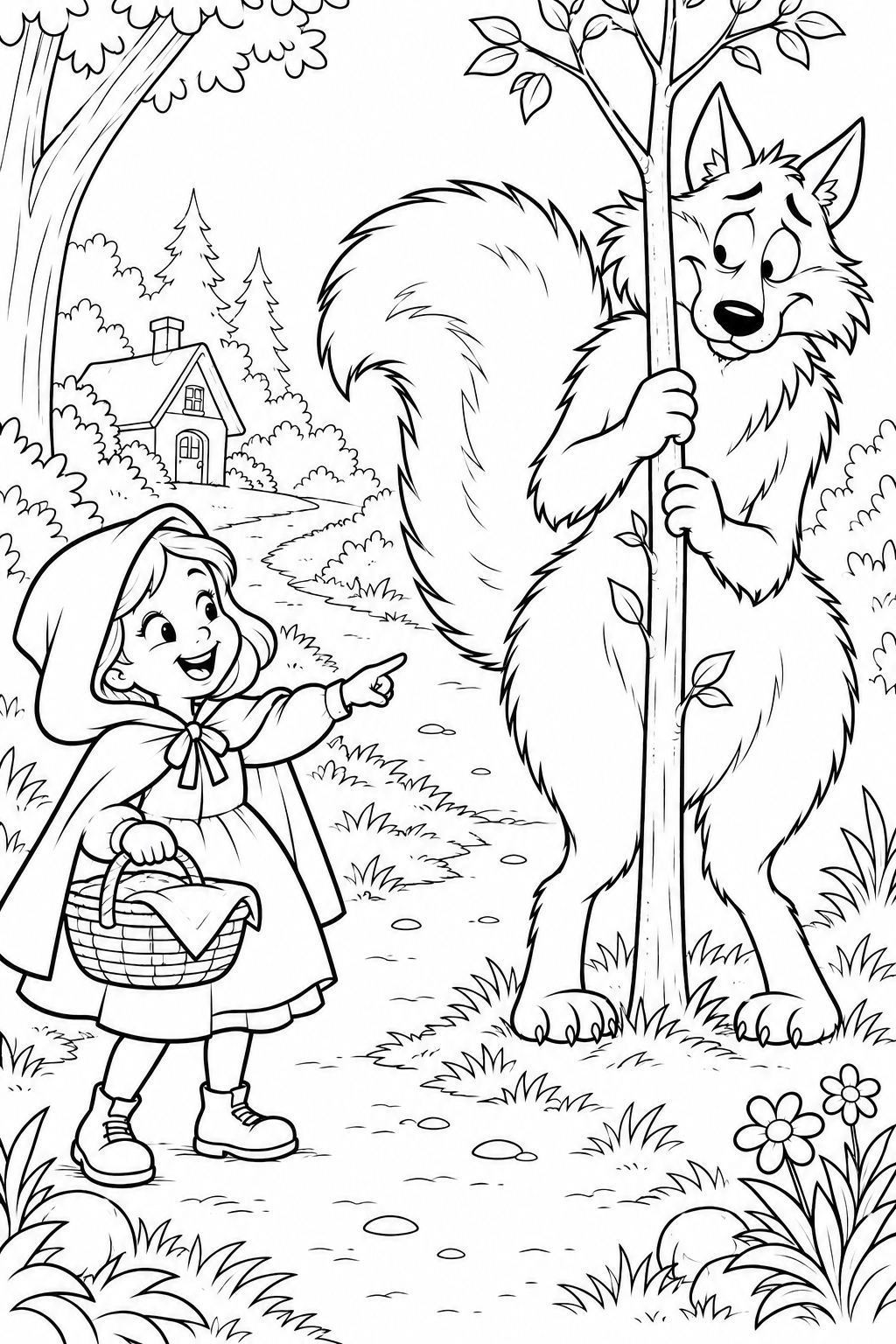 Dibujo de Caperucita Roja — Una cola que asoma tras el árbol para colorear