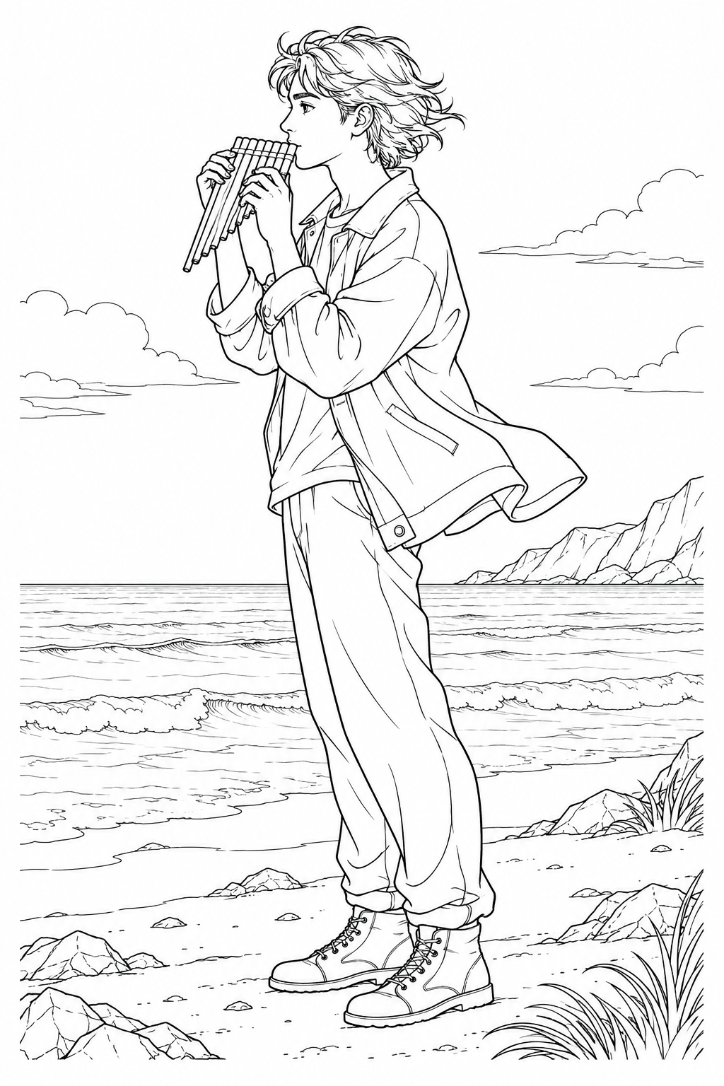海辺で吹くパンフルートの塗り絵