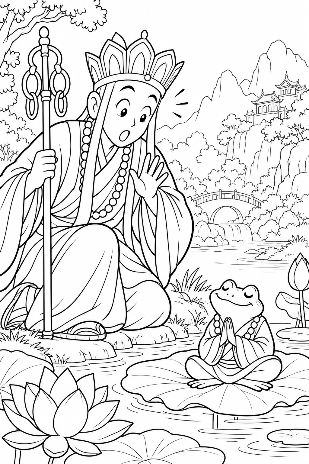 どたばた西遊記:三蔵と蓮の池の塗り絵