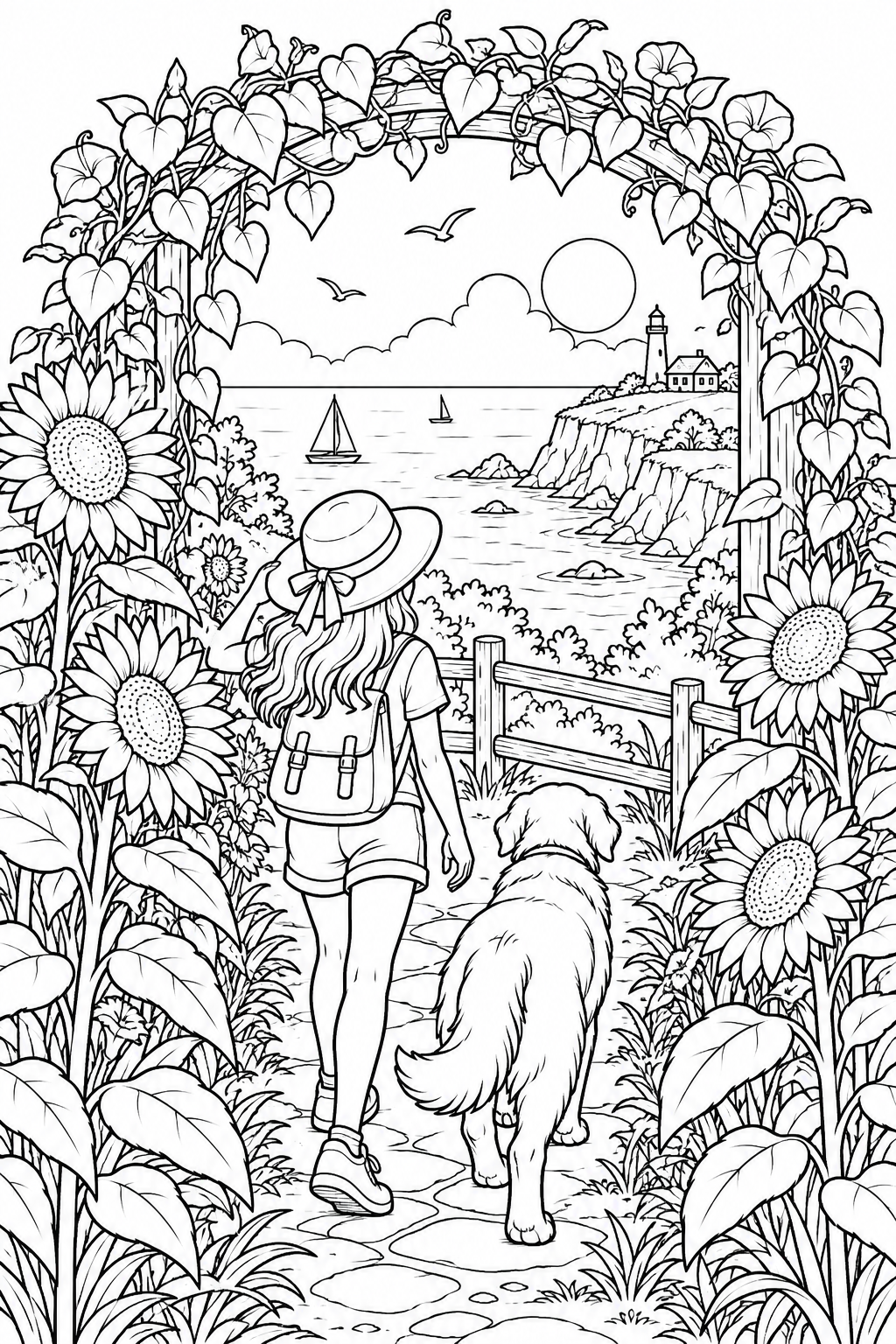 夏のひみつの小道の入口の塗り絵