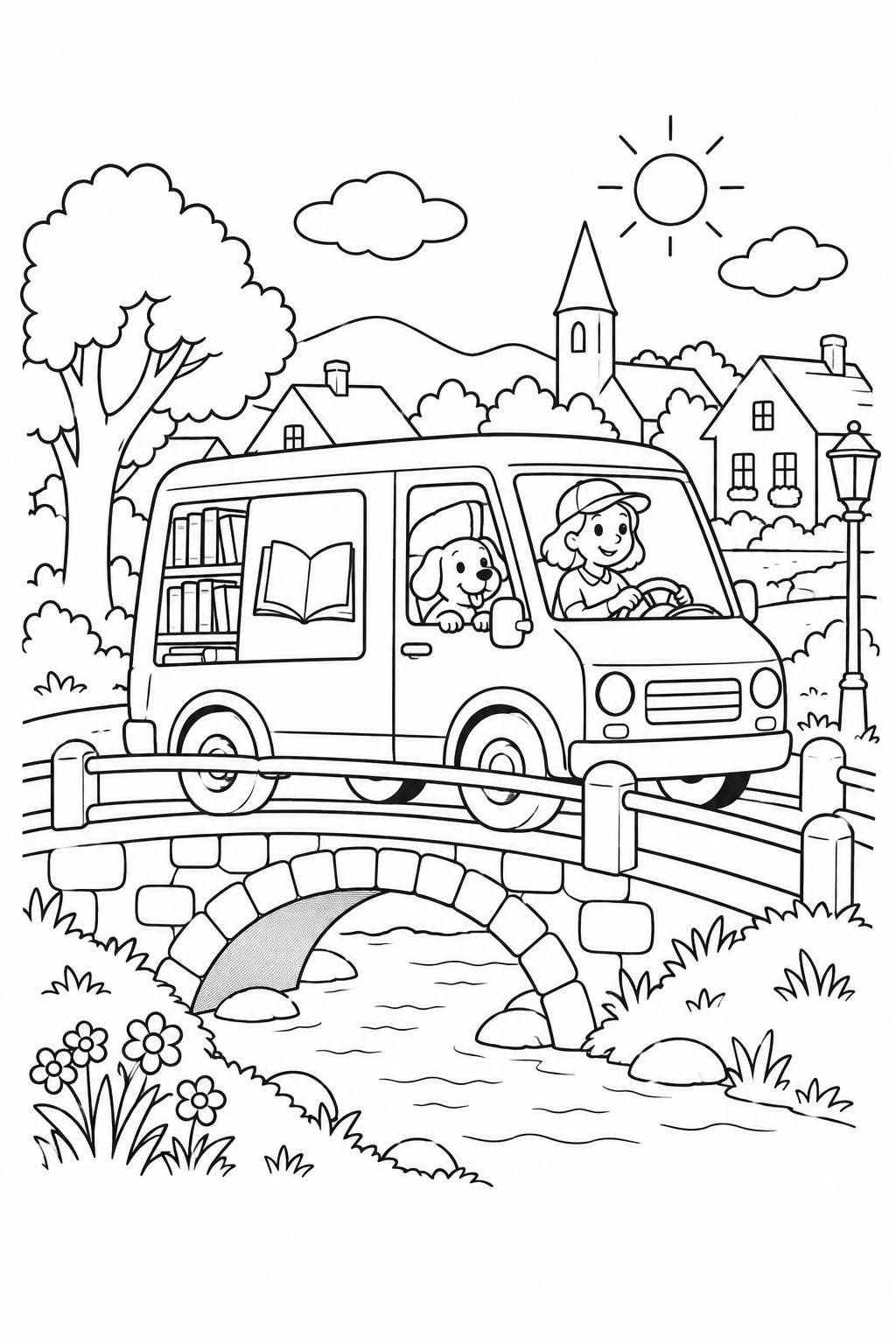 Desenho de A biblioteca itinerante na ponte da cidade para colorir
