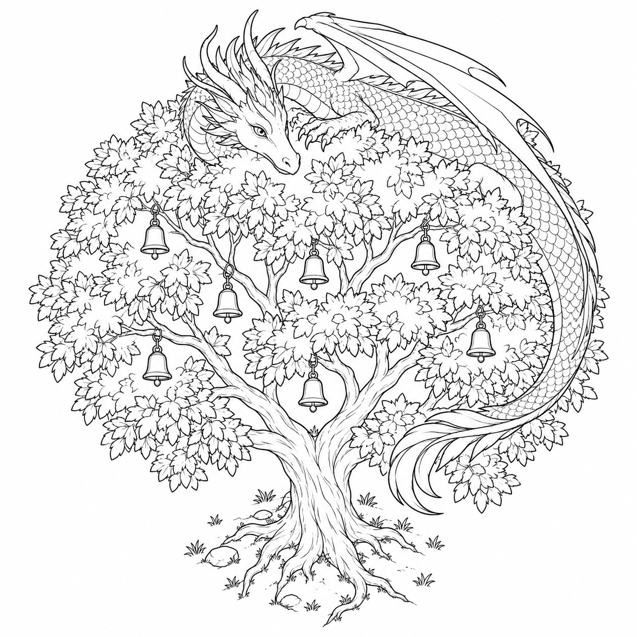 鈴の木を旋回する竜の塗り絵