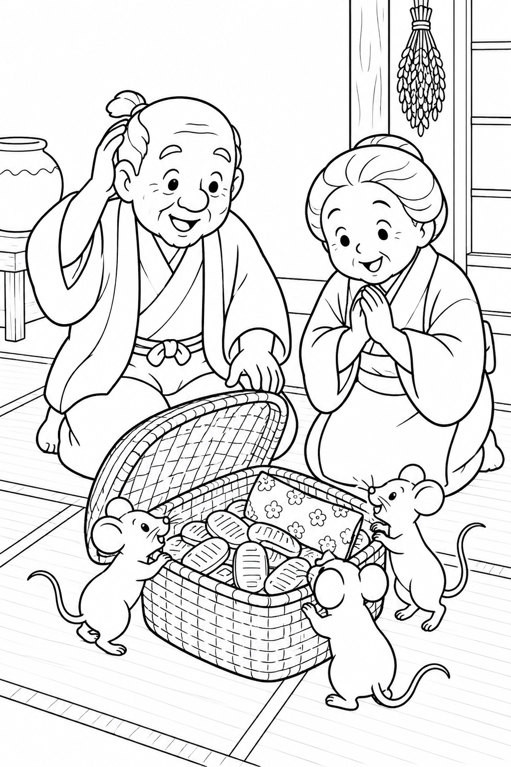 おむすびころりん・ほっこり:つづらの中の宝物の塗り絵