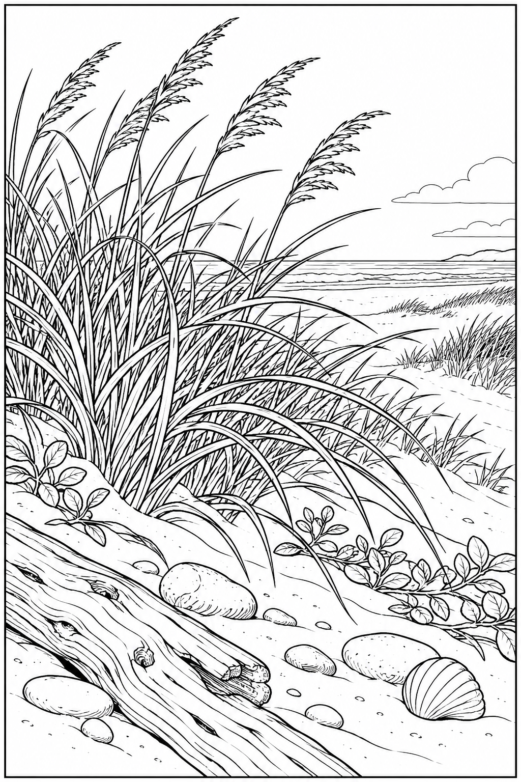 Dibujo de Estudio de naturaleza: Dunas costeras con hierbas para colorear