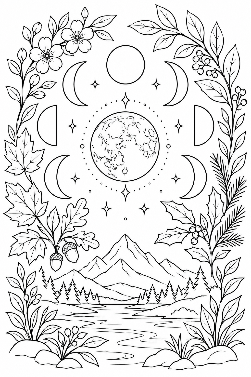 Coloriage Phases de lune et feuilles des saisons