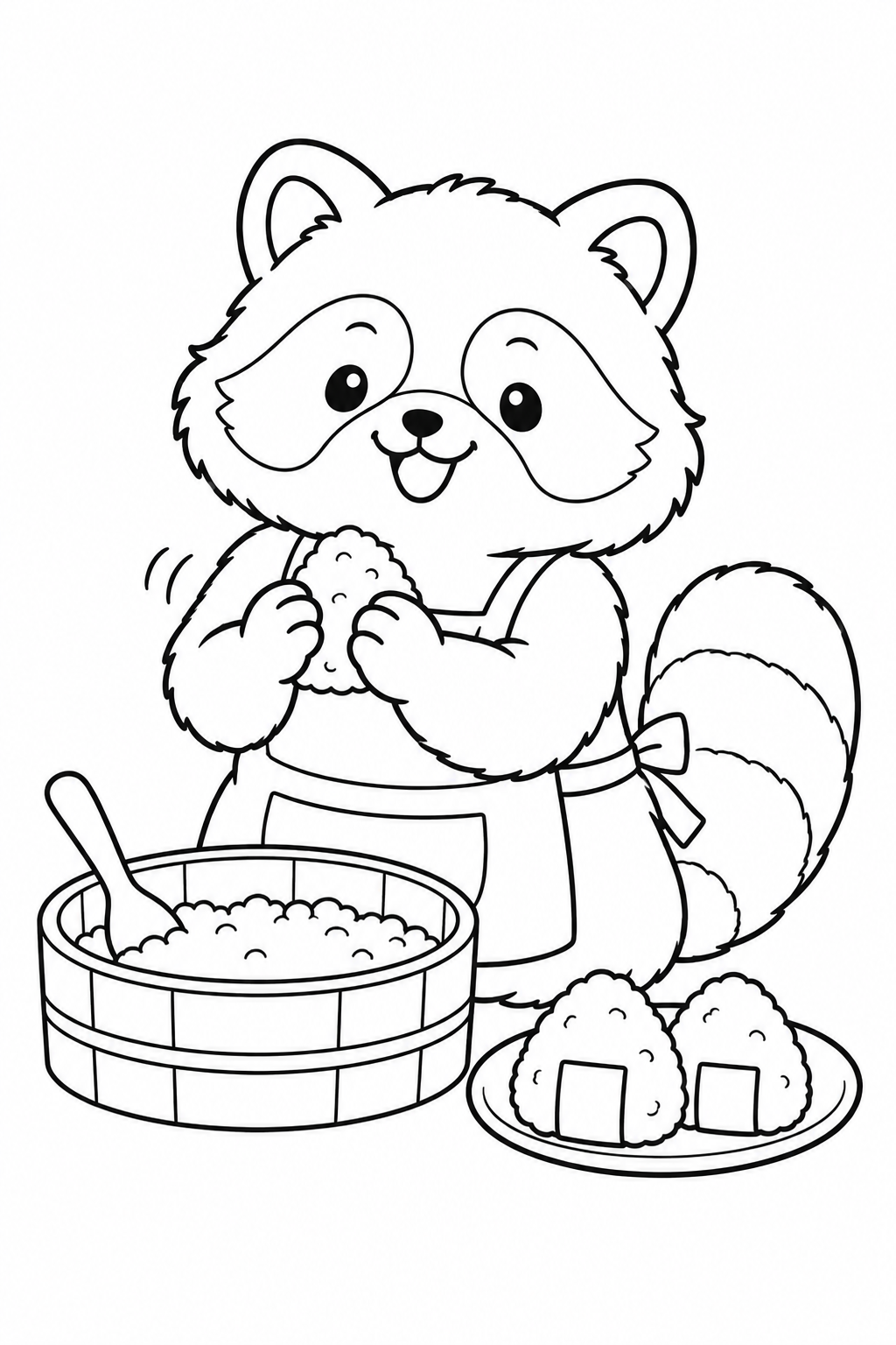 おにぎりをにぎるアライグマの塗り絵