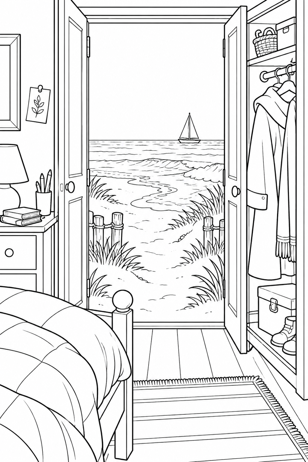 海に続くタンスの扉の塗り絵