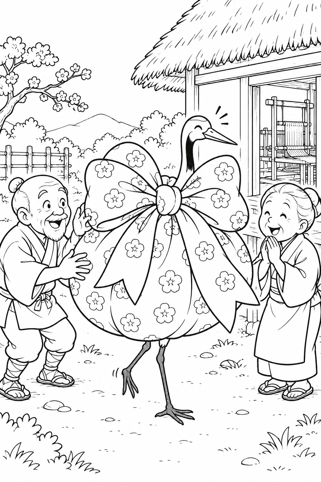 つるの恩返し:お礼の包みのリボンが大きすぎるの塗り絵