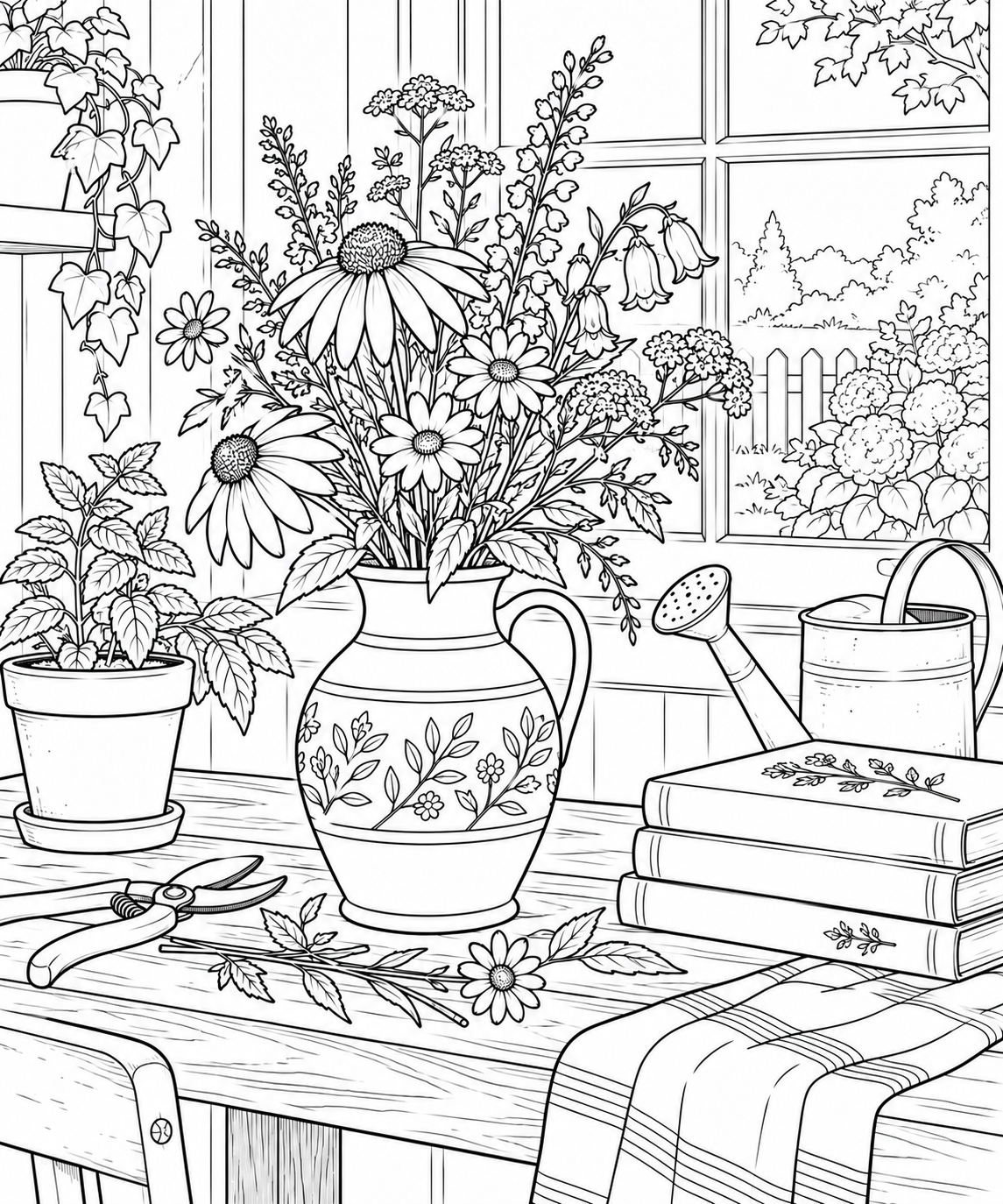 自然のひとこま:陶器の花瓶と草花の塗り絵