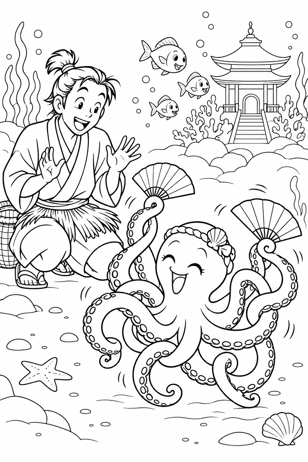 浦島太郎:からまるタコの扇子踊り(ギャグ)の塗り絵