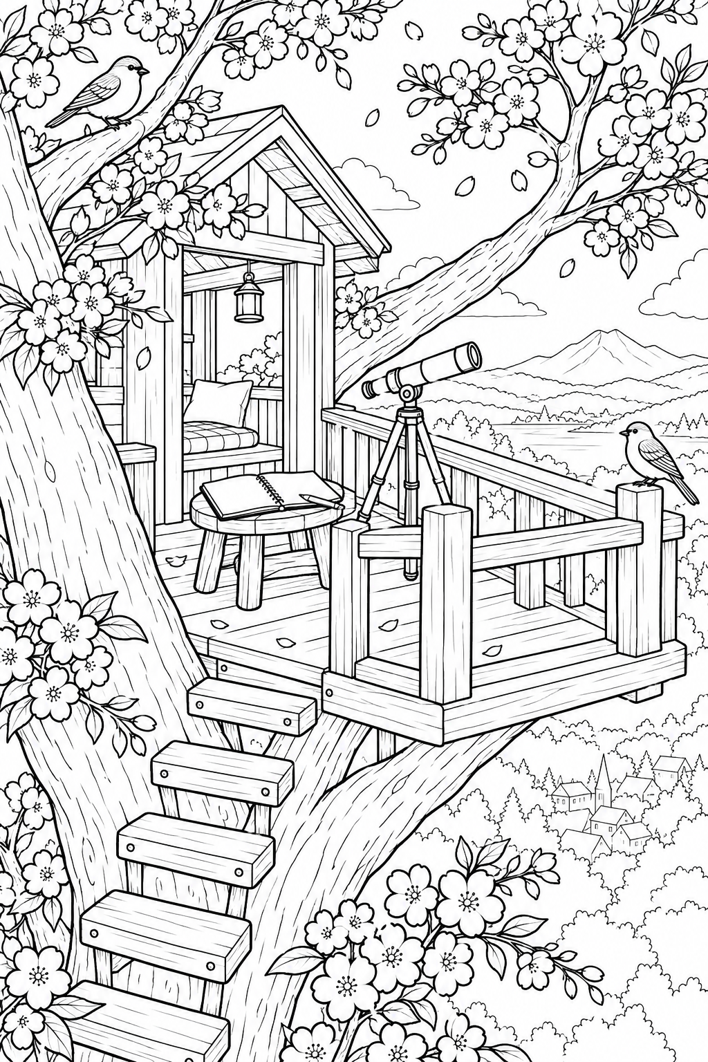 Coloriage Aventure dans une cabane dans les arbres — printemps