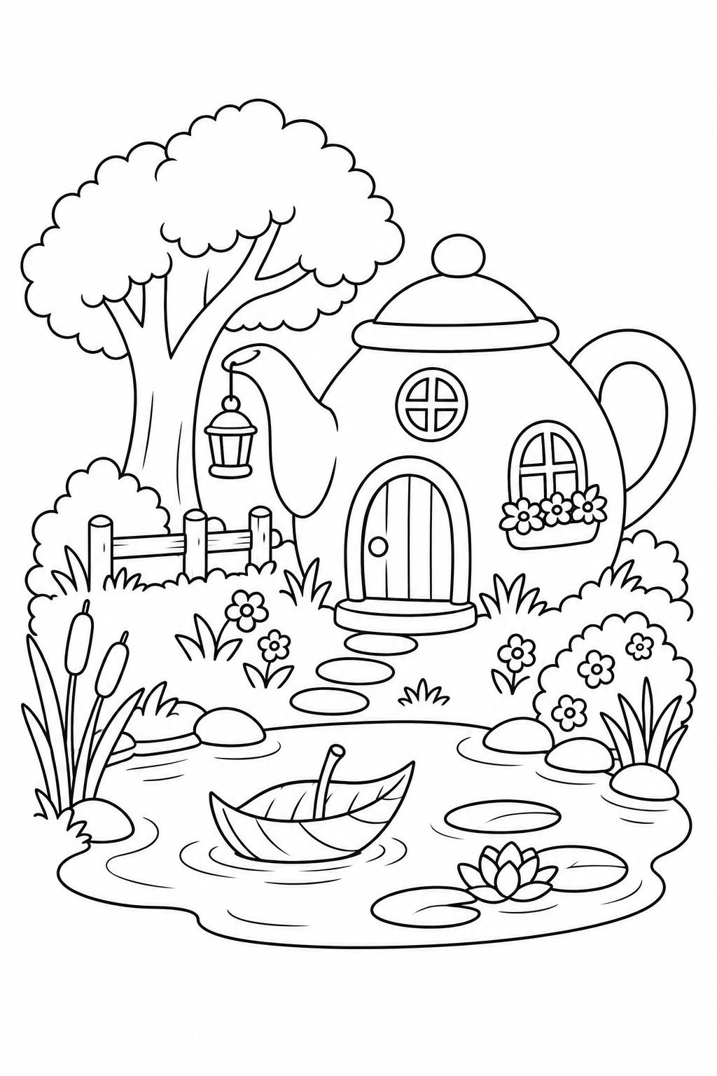 ティーポットのおうちの池の庭の塗り絵