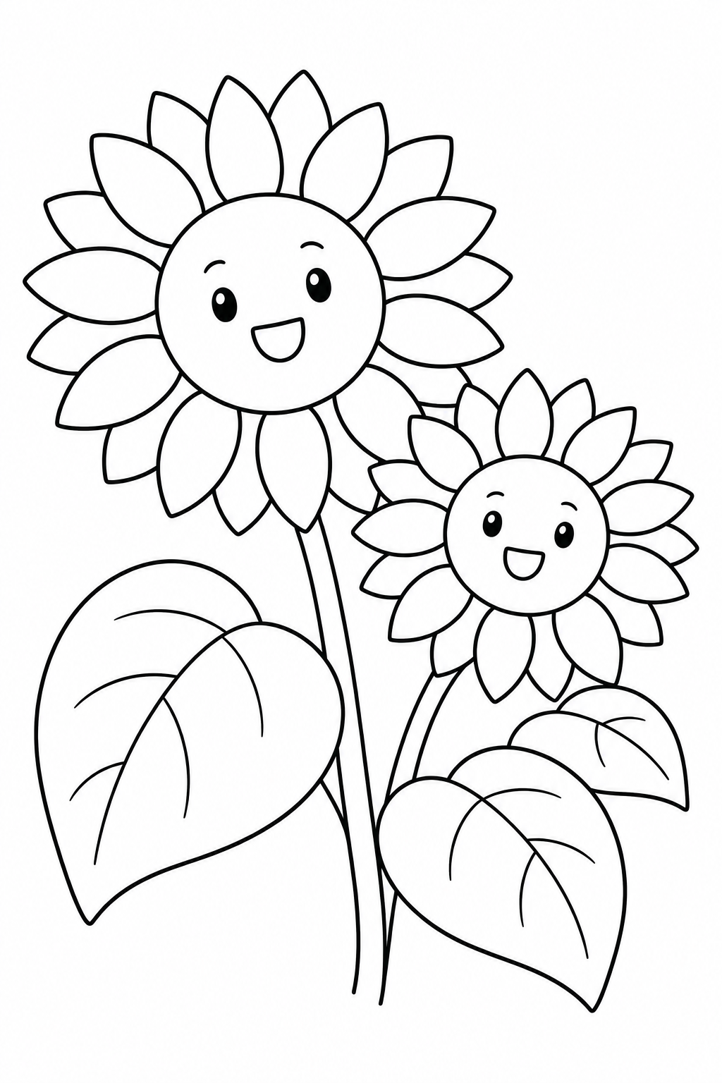 ひまわりと大きな葉の塗り絵