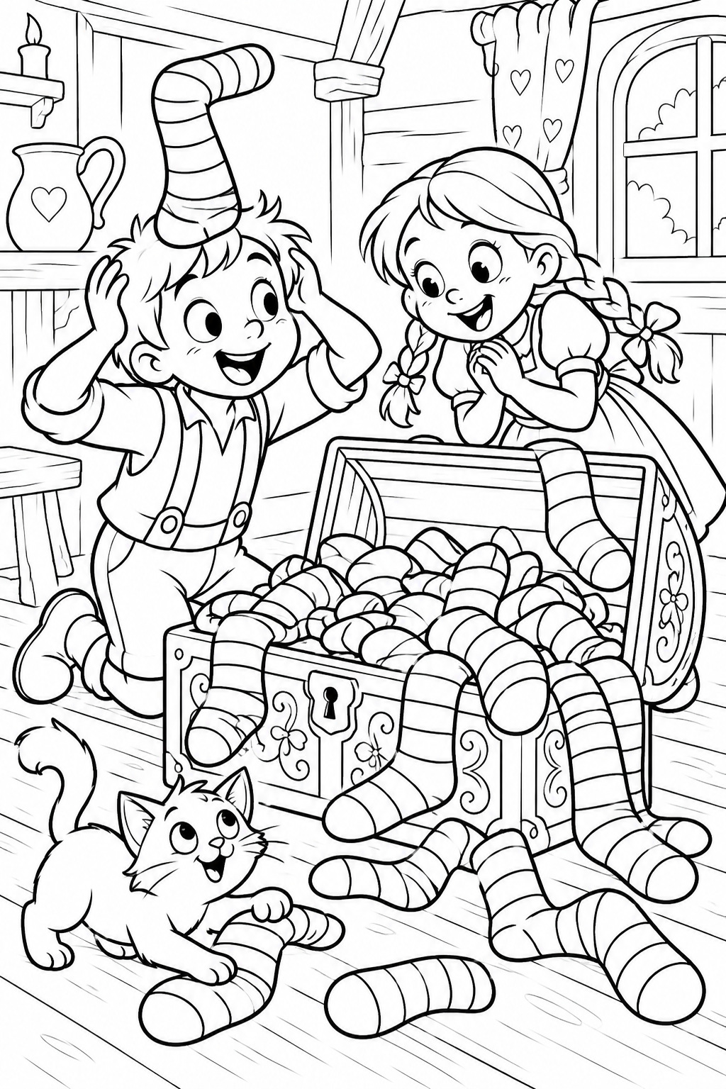 Hansel and Gretel:Striped socks in the treasure chest(Comedy) coloring page