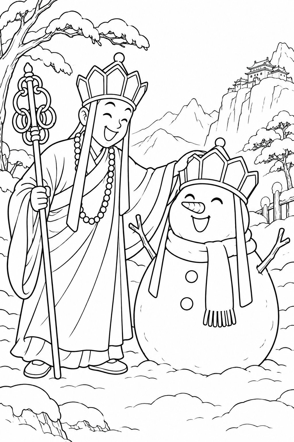 Comical Journey to the West：Sanzang and the snowy path coloring page