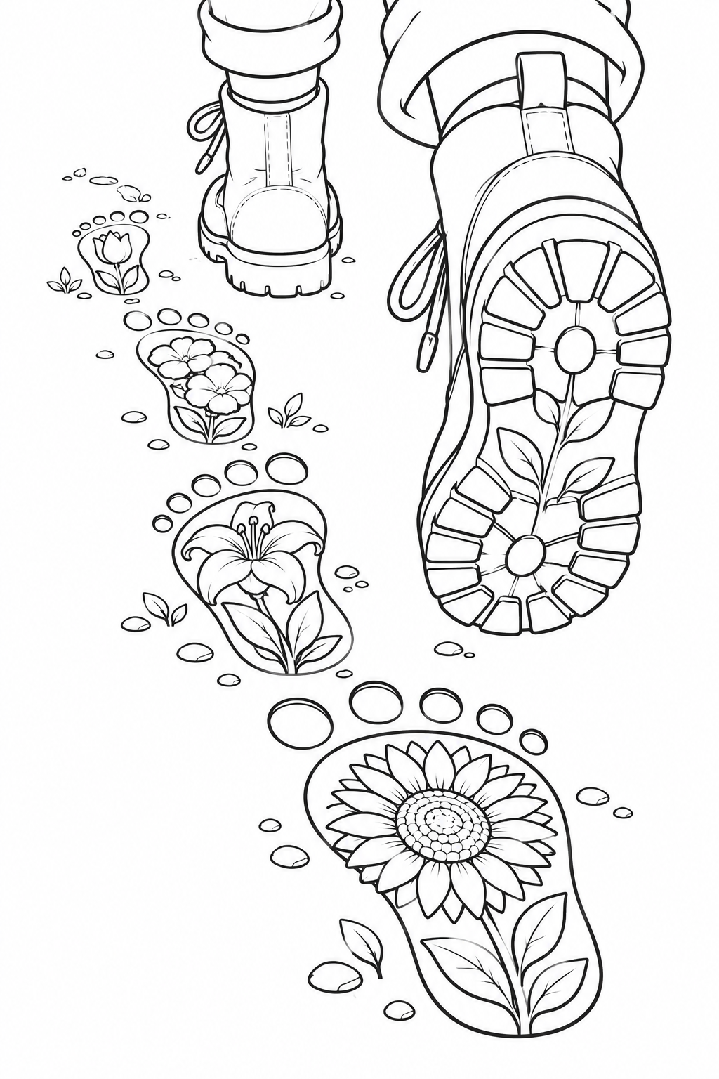 足あとから花が咲くブーツの塗り絵
