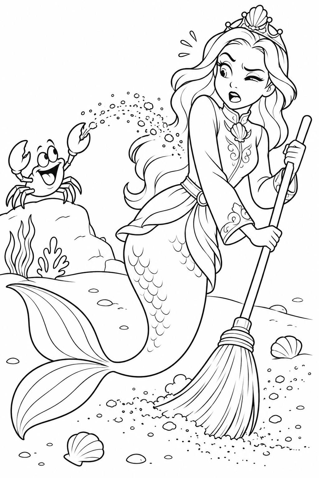 人魚姫:そうじの後ろで砂まきのカニの塗り絵