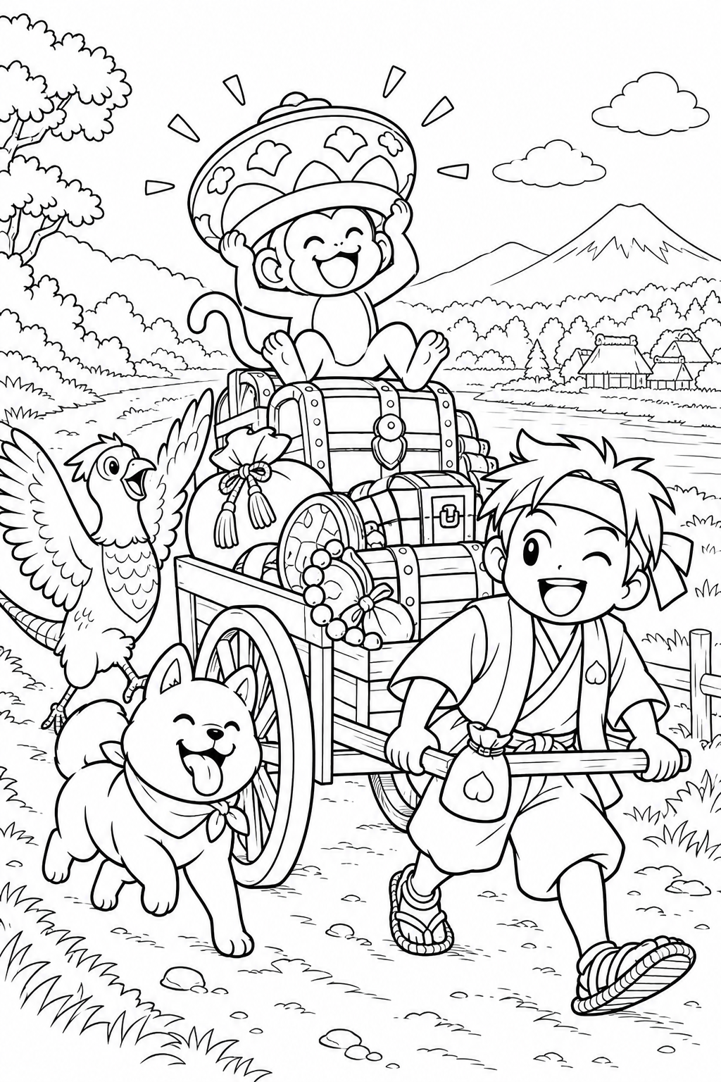 ギャグ桃太郎:桃太郎一行と宝の荷車の塗り絵